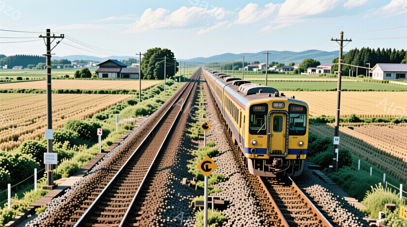 鮮やかな黄色い電車が、広大な麦畑の中をまっすぐ進んでいます。線路は遠くまで続き、背景には緑の丘と青空が広がっており、晴れた日の穏やかな田園風景を捉えています。電車の鮮やかな色彩が、黄金色の麦畑とコントラストをなし、力強く前進する様子が印象的です。