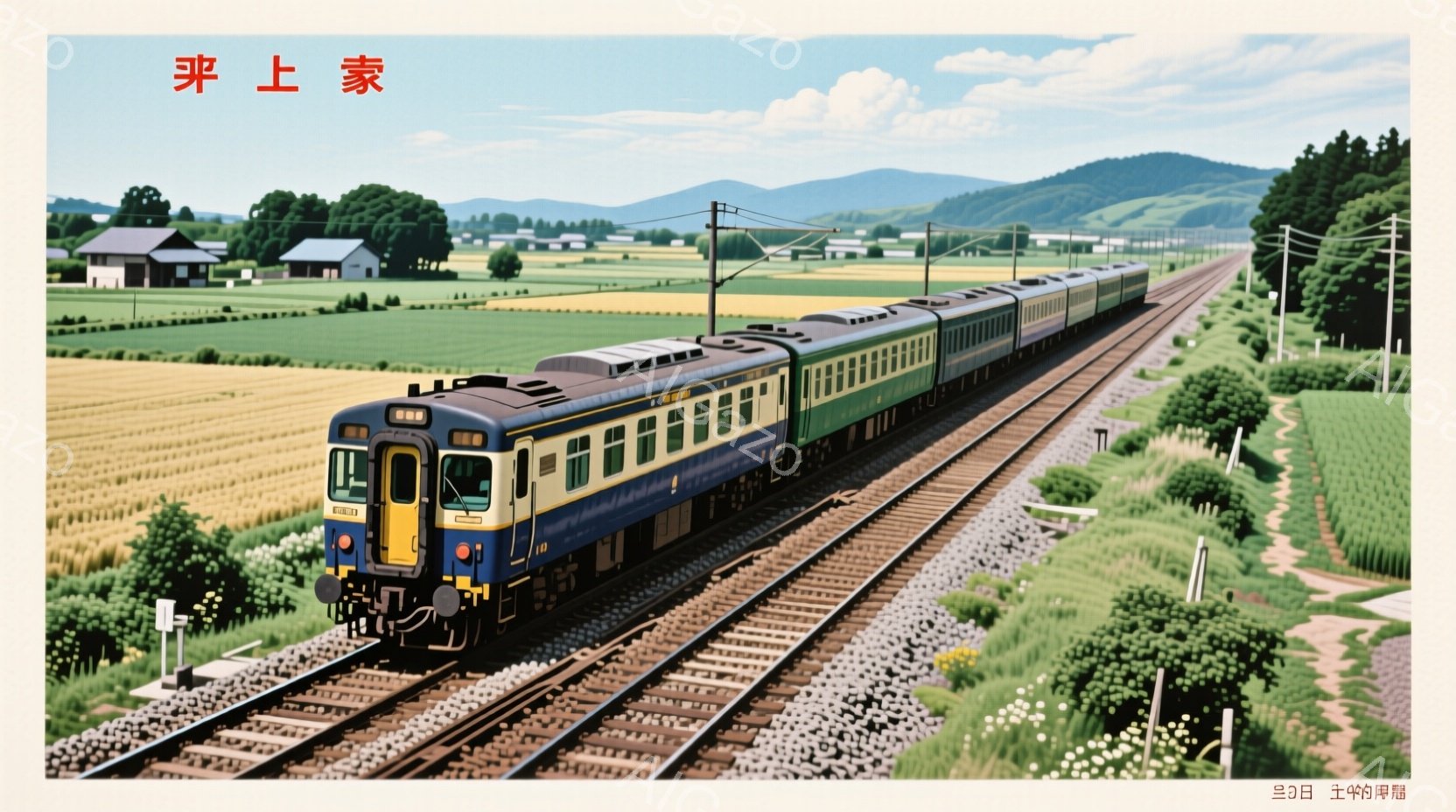 鮮やかな緑と黄色の田園風景の中に、ディーゼル機関車が牽引する旅客列車が線路を走っている。列車は青とクリーム色の車体で、背景には低い山々が連なり、晴れた空の下で穏やかな雰囲気が漂っている。線路脇には草木 - AI生成フリー素材