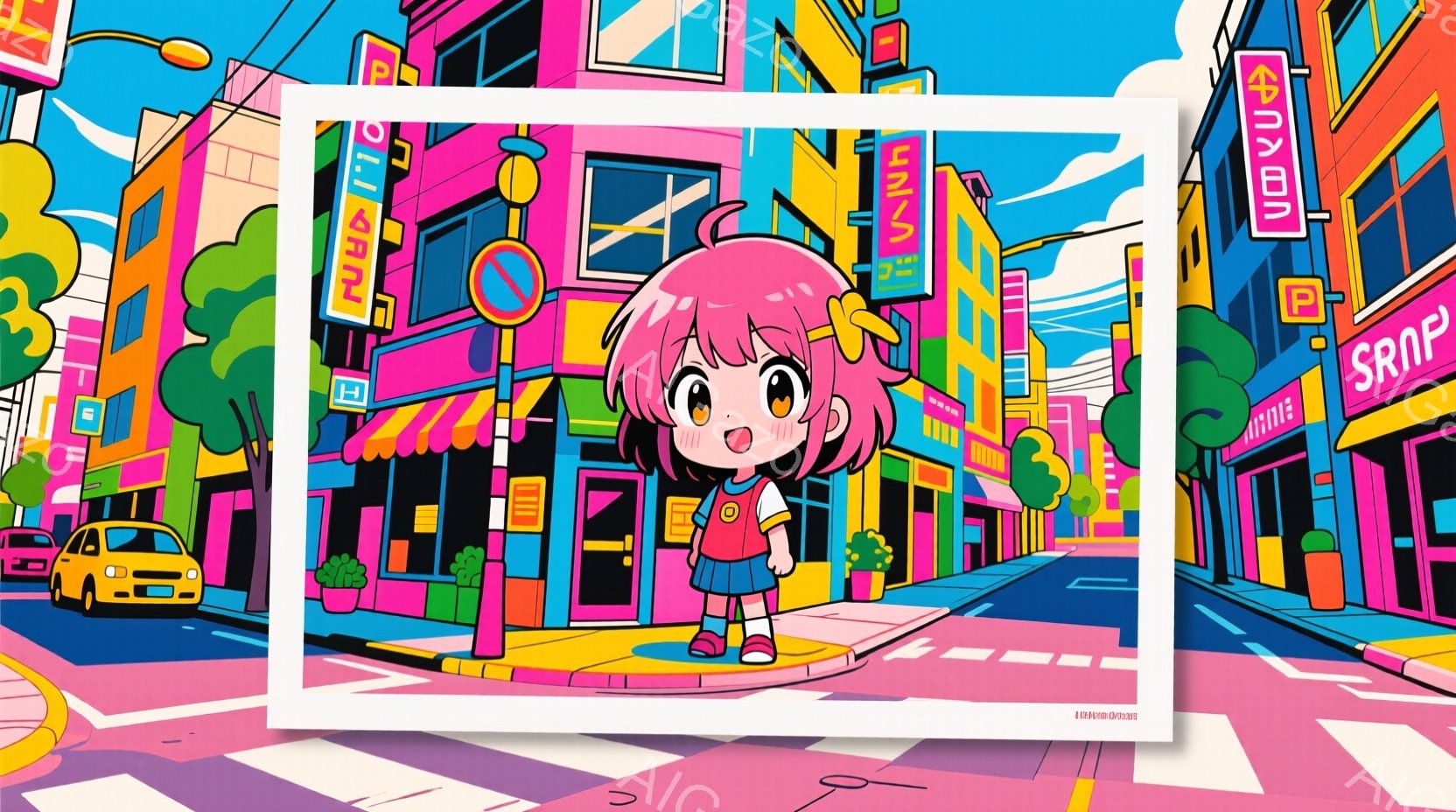 明るいピンク色の髪に大きなリボンを付けた女の子が、水色のスカートと白いシャツを着て立っています。彼女は少し恥ずかしそうな表情で、少し俯いた視線を向けています。背景には、カラフルな建物や緑の木々が並び、 - AI生成フリー素材