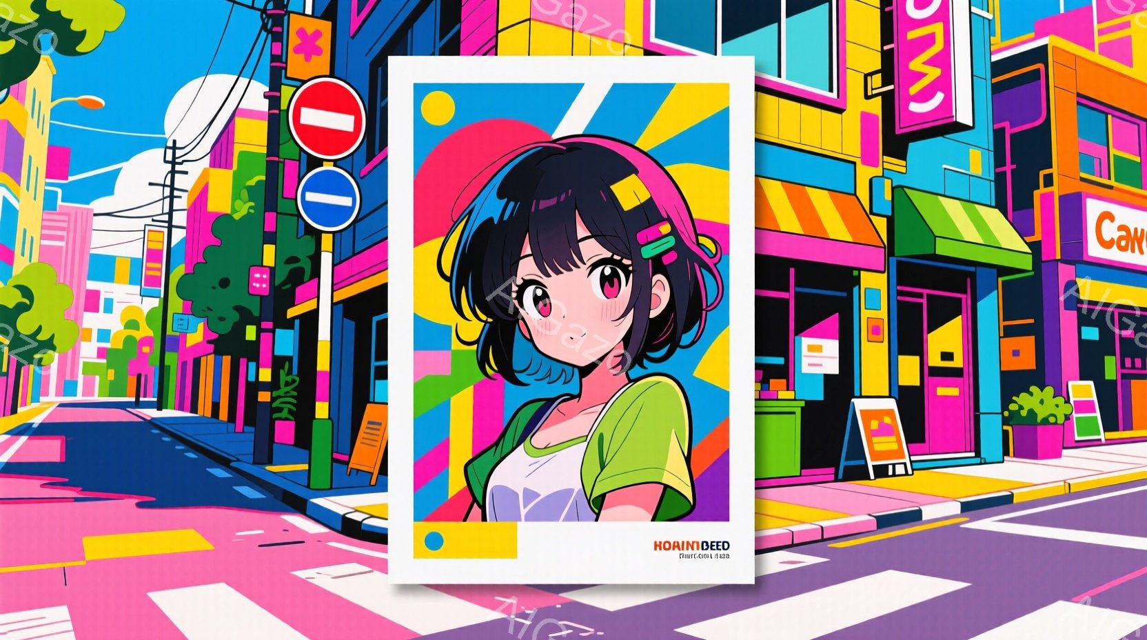 明るい色彩で描かれた街並みを背景に、若い女性が描かれています。彼女は緑色のトップスと白いスカートを身につけ、黒髪のボブスタイルで、大きな瞳とわずかに微笑んだ表情をしています。背景には、カラフルな建物、植物、そして歩道が描かれており、活気があり、若々しい雰囲気を醸し出しています。