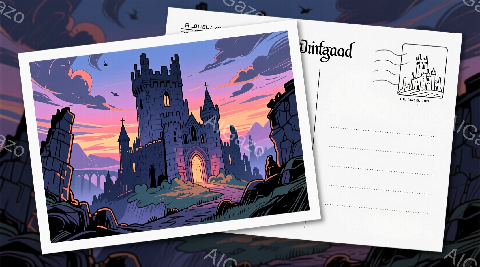 険しい崖の上にそびえ立つ、黒い石造りの壮大な城が印象的な画像です。夕焼け空の下、城は紫、オレンジ、ピンクの美しい光に照らされ、神秘的な雰囲気を醸し出しています。周囲には岩場と緑の草が生い茂り、遠くには - AI生成フリー素材