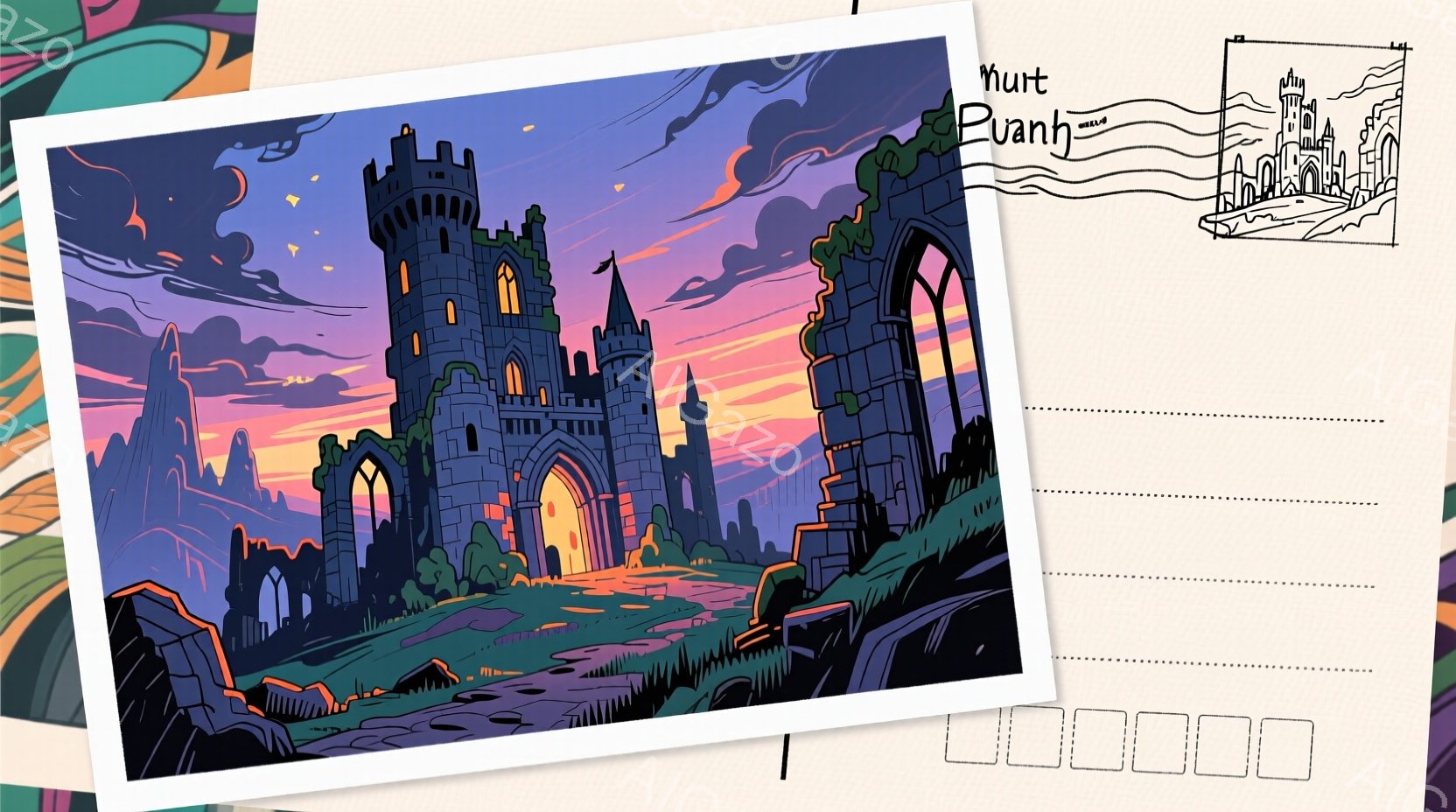 廃墟のような城が、夕焼け空の下にそびえ立っている。城は部分的に崩壊しており、植物が生い茂るが、中央のアーチ状の入り口は明るく輝いている。背景には、岩の多い地形と夕焼けの空が広がり、幻想的で静かな雰囲気を醸し出している。