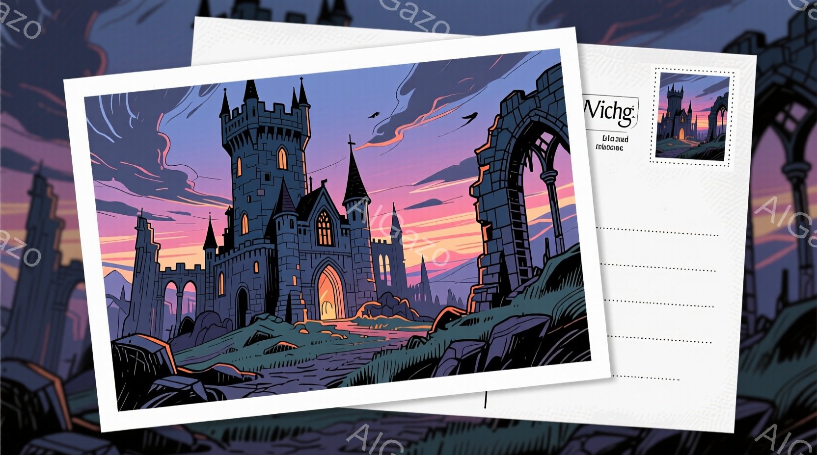 壮大な城塞が荒涼とした丘の上にそびえ立ち、その一部は崩壊して自然に還りつつあります。夕焼け空の下、城の尖塔は鮮やかなオレンジと紫色の光を浴び、そのシルエットを際立たせています。遠くには、同じように廃墟と化したアーチ状の構造物が見え、全体的に寂寥感と過去の栄光を感じさせる雰囲気です。