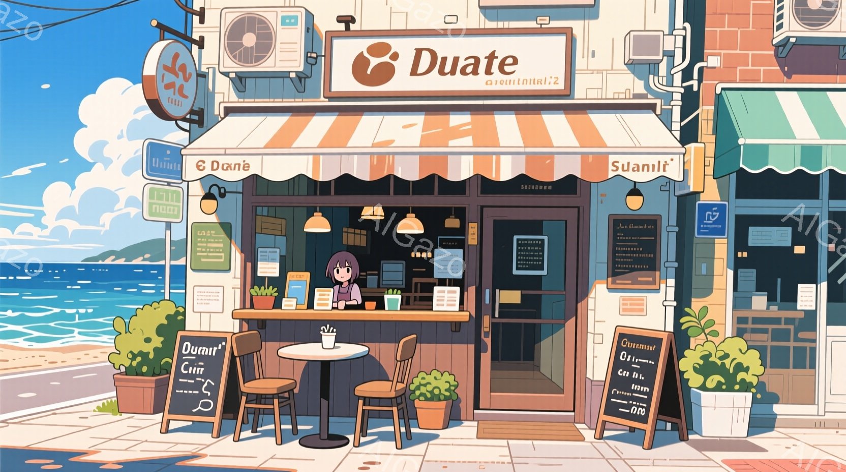 明るい日差しの下、海沿いのカフェが描かれています。紫色の髪をポニーテールにした若い女性が、カウンターの中で飲み物を作っており、穏やかな表情をしています。カフェの外には、緑豊かな植物と数台のテーブルと椅 - AI生成フリー素材