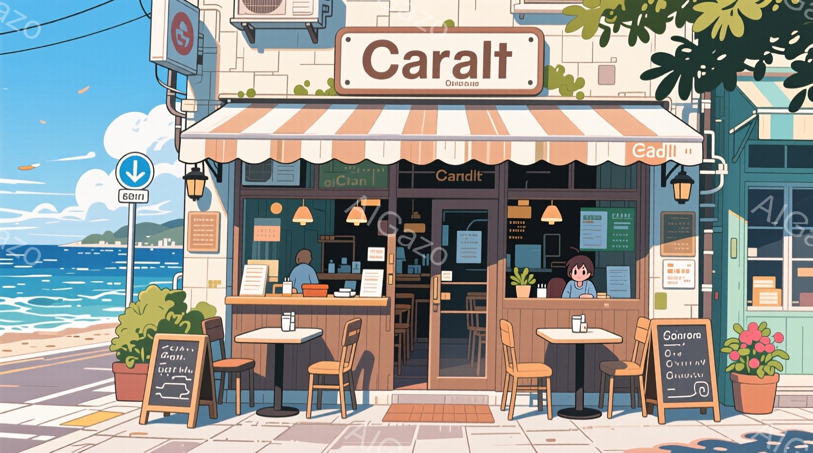 海沿いのカフェ「Caralt」の外観で、明るい晴天の下、数席のテーブルと椅子が並べられています。カフェの店員は黒髪で、白いシャツにエプロン姿で、カウンター越しに微笑んでいます。背景には青い海と白い建物が見え、緑の植物がカフェの雰囲気を明るくしています。