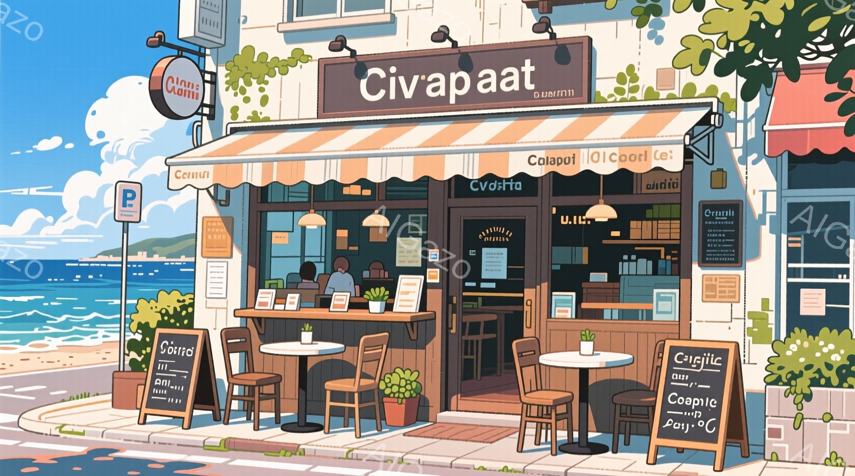 地中海沿岸のカフェテリアのイラストで、明るい青い空と穏やかな海が背景に見えます。カフェは白い壁と青い屋根で、テーブルと椅子が並べられており、観葉植物が飾られています。全体的に暖かく、リラックスした雰囲気で、夏の休暇のイメージを喚起します。