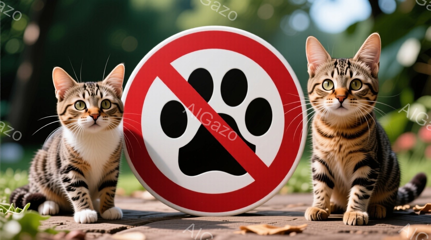 白地に黒い肉球が描かれ、その上に赤い禁止マークが描かれた円盤を挟むように、二匹の縞模様の猫が座っています。猫たちは正面を向き、丸い瞳でこちらを見ており、やや緊張した表情を浮かべています。背景には緑の草と、ぼやけた木々が見え、晴れた日の穏やかな雰囲気が感じられます。