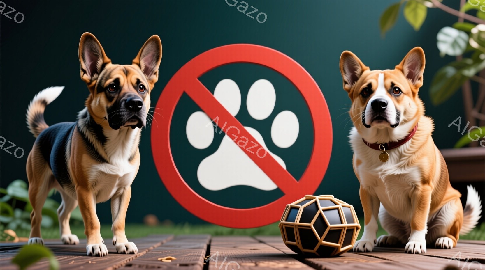 デッキの上に立つ2匹の犬が写っています。1匹は黒と茶色の模様があり、もう1匹は茶色の毛並みで赤い首輪をつけています。背景には緑の植物があり、犬の背後には足跡のマークが入った禁止標識と、犬のおもちゃが置 - AI生成フリー素材