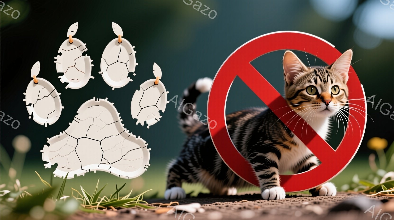 茶色と黒の縞模様の猫が、警戒した表情でこちらを見つめています。猫は片足を少し前に出し、今にも飛び跳ねるような構えです。背景には緑の草が生い茂り、猫の左側には赤い禁止標識、左奥には白い猫の足跡のイラストが描かれています。