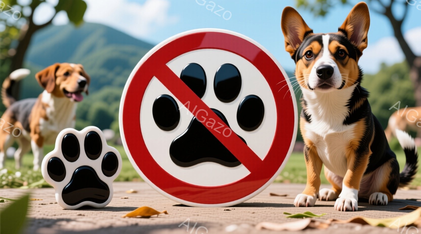 舗装された道の上に、足跡の形をした白いオブジェと、「立ち入り禁止」を示す赤い円形の標識が置かれています。背景には、芝生と木々が見え、片方の角には茶色と白の犬が写っています。もう片方の角には黒と白の犬が座っており、標識の前で正面を見つめ、全体の雰囲気は屋外の公園または庭園のような穏やかで明るいものです。