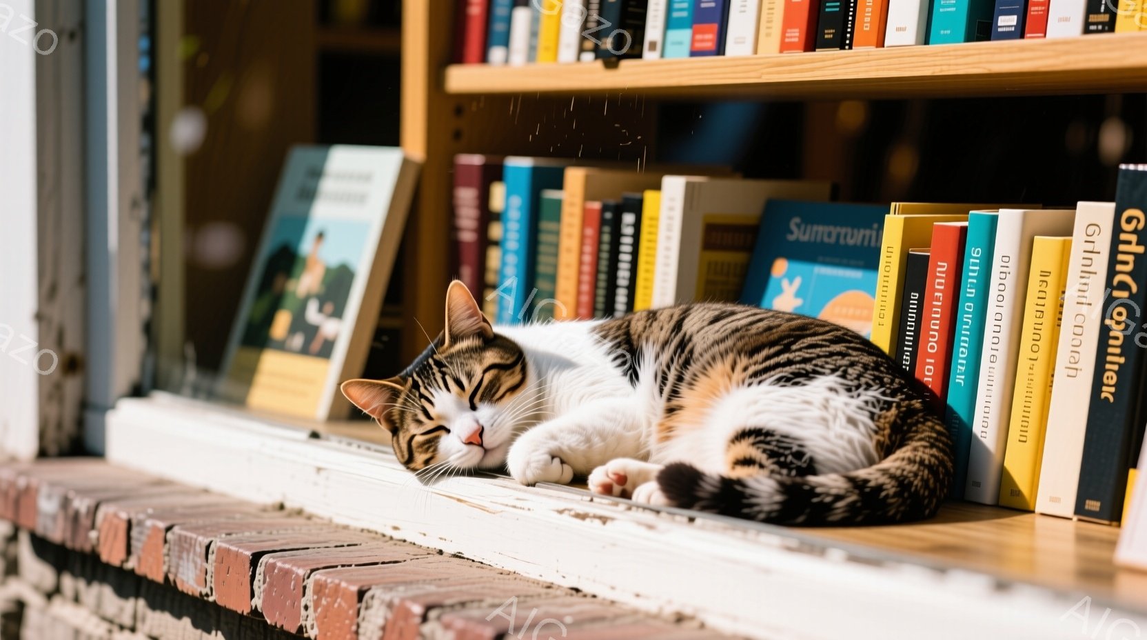 茶白模様の猫が、本棚の段差に体を伸ばして横たわっています。猫は目を閉じ、リラックスした様子で、日向ぼっこをしているようです。背景にはカラフルな本が並び、温かく穏やかな雰囲気を醸し出しています。