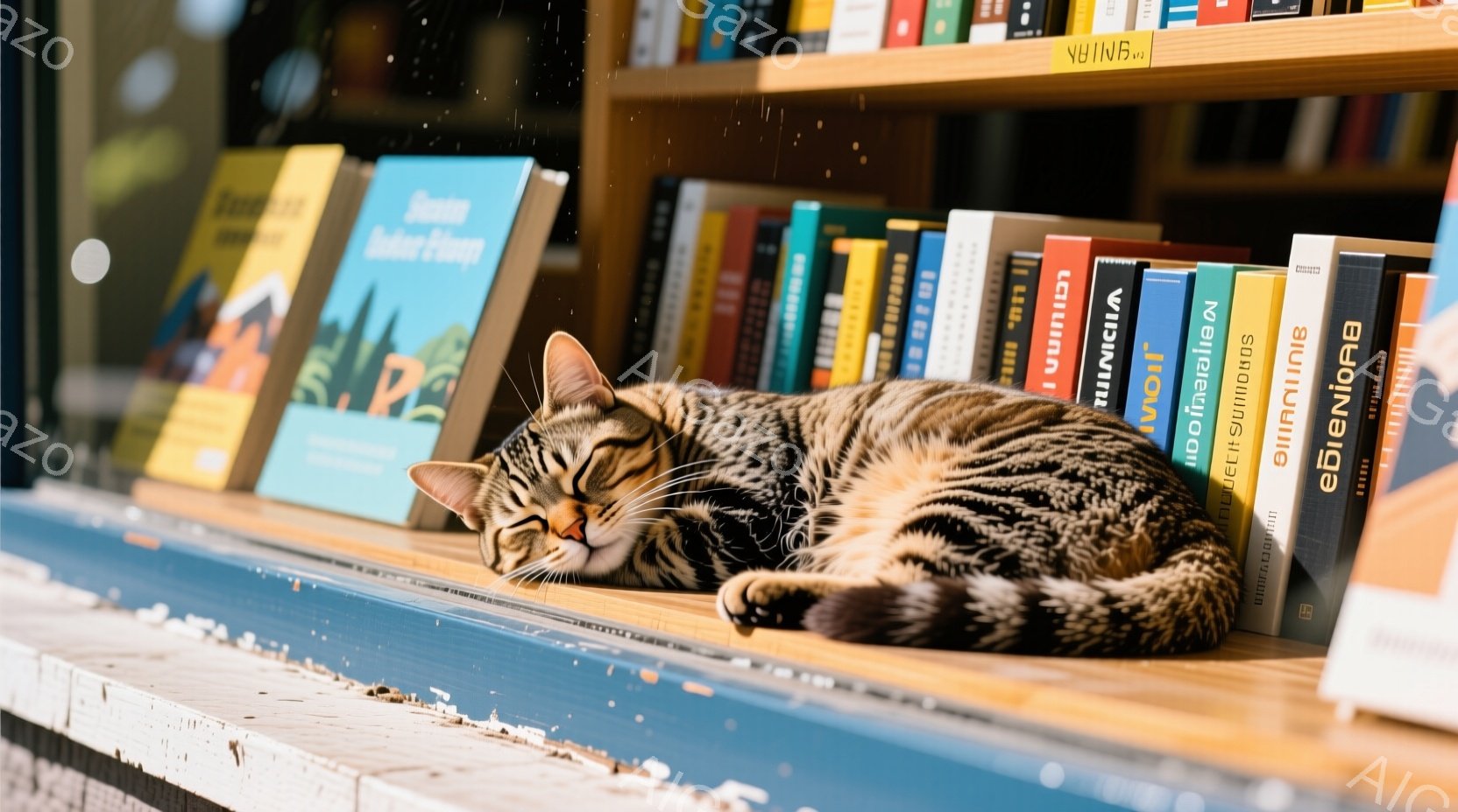 本棚の棚に縞模様の猫が横たわっています。猫はリラックスした姿勢で眠っており、周囲のカラフルな本の背表紙が背景に並んでいます。全体的に、穏やかで心地よい雰囲気の、静かな読書空間を思わせる画像です。