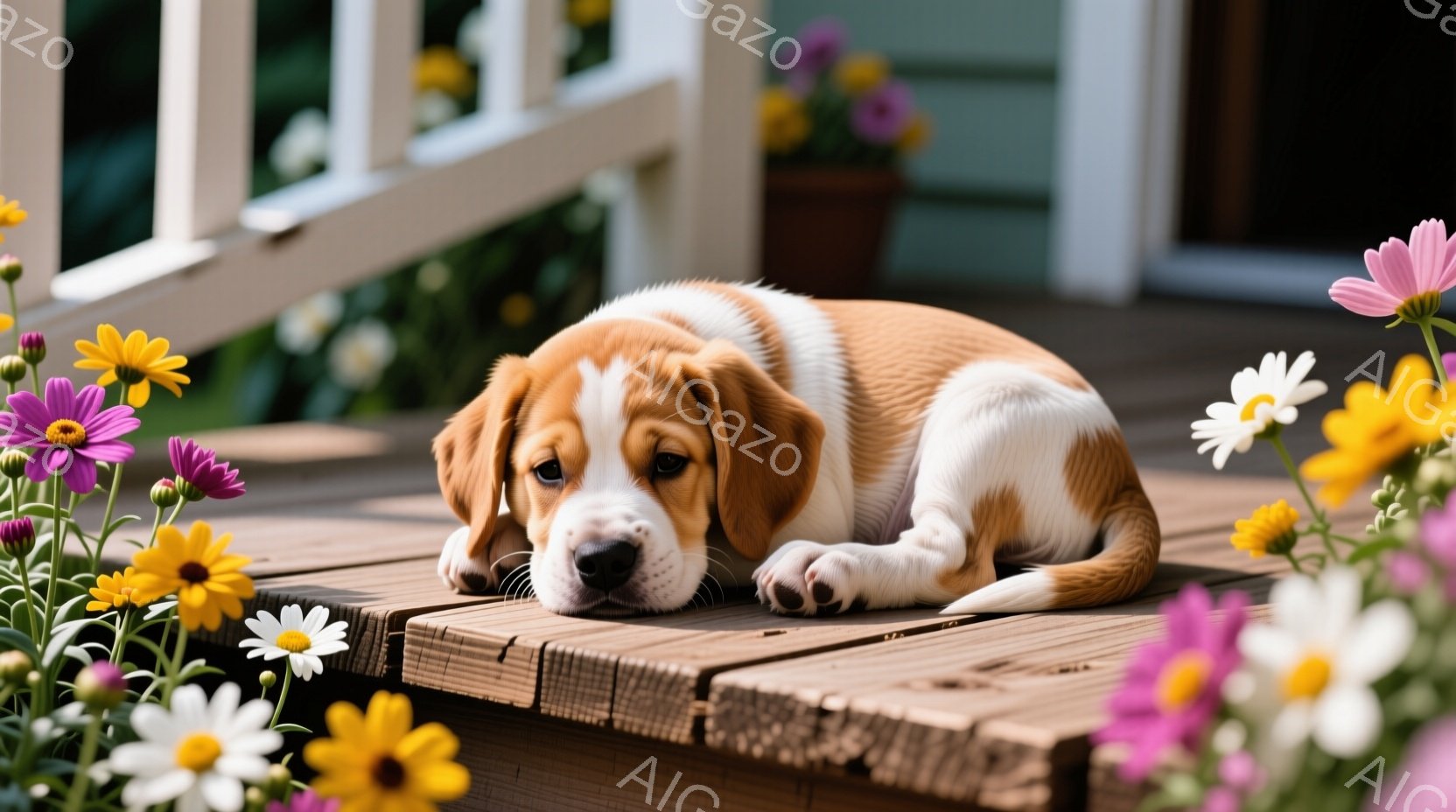 小さなビーグル犬が木製のデッキに横たわっています。周囲には黄色や白、ピンク色のデイジーが咲き乱れ、暖かく明るい雰囲気を醸し出しています。背景には白い柵と植物が見え、晴れた日の穏やかな午後のような、平和で牧歌的な光景です。