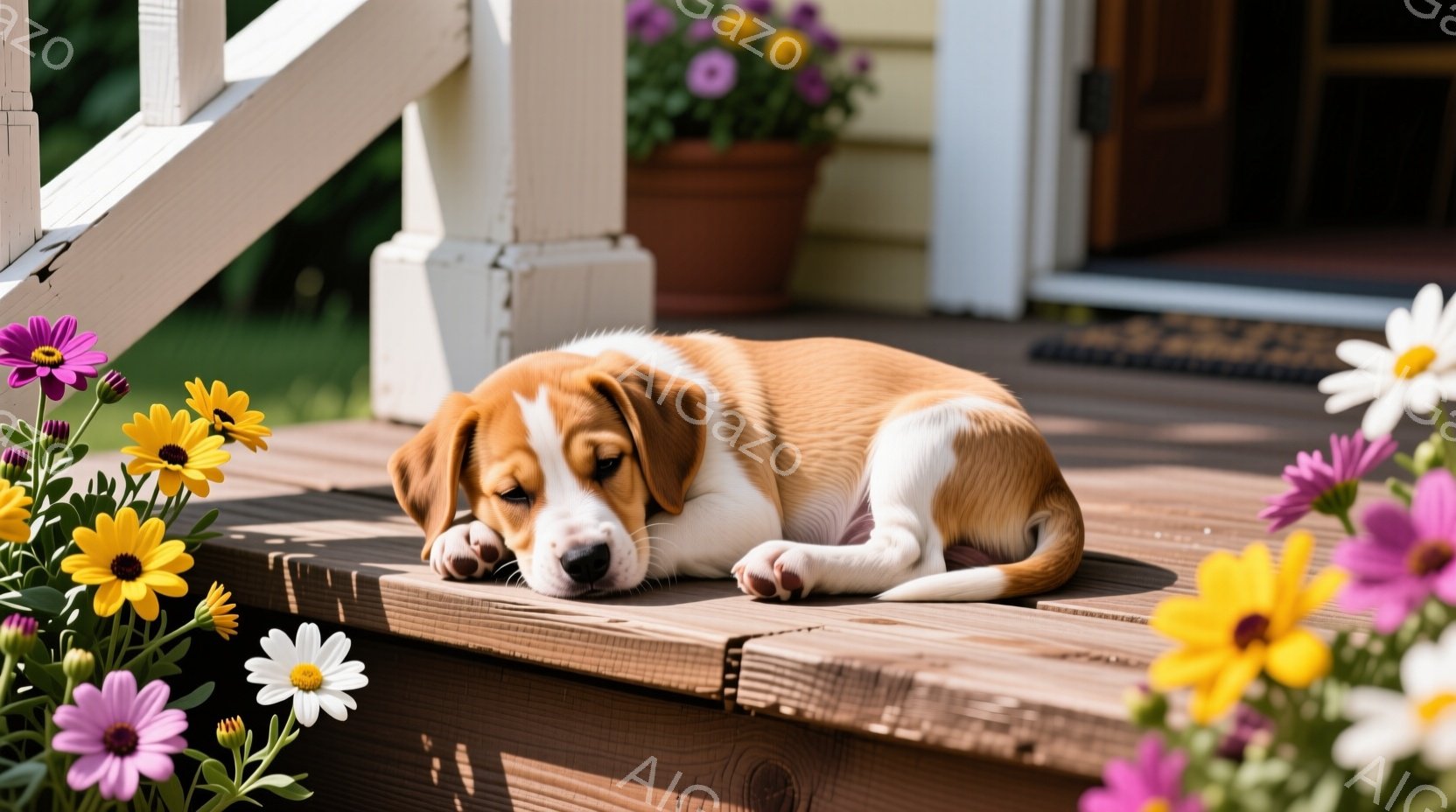 日当たりの良いウッドデッキに、子犬が横たわってリラックスしています。子犬は茶色と白の毛並みで、目を閉じて眠っているようです。背景には、花が咲いたプランターと家の外観が見え、暖かい日差しと穏やかな雰囲気が感じられます。