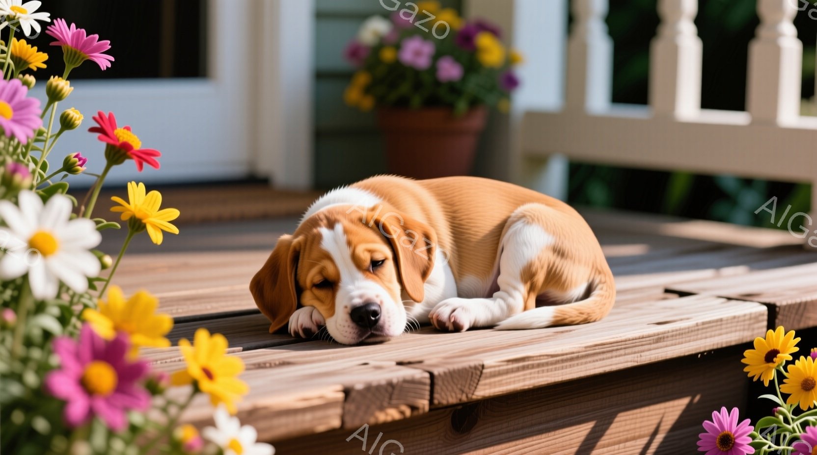 一匹の小さなビーグル犬が木製のデッキに横たわって眠っています。犬はオレンジと白の毛並みで、穏やかな表情をしており、リラックスした様子が伺えます。背景にはカラフルな花が咲き乱れ、白い柵と建物が見え、平和で穏やかな雰囲気が漂っています。