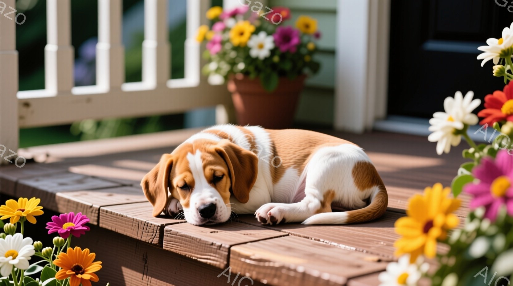 白と茶色のビーグル犬が木製のデッキの上でリラックスして横たわっています。背景には、さまざまな色とりどりの花が咲き乱れ、白い柵と建物の一部が見えます。全体的に、穏やかで平和な雰囲気で、日当たりの良い暖か - AI生成フリー素材