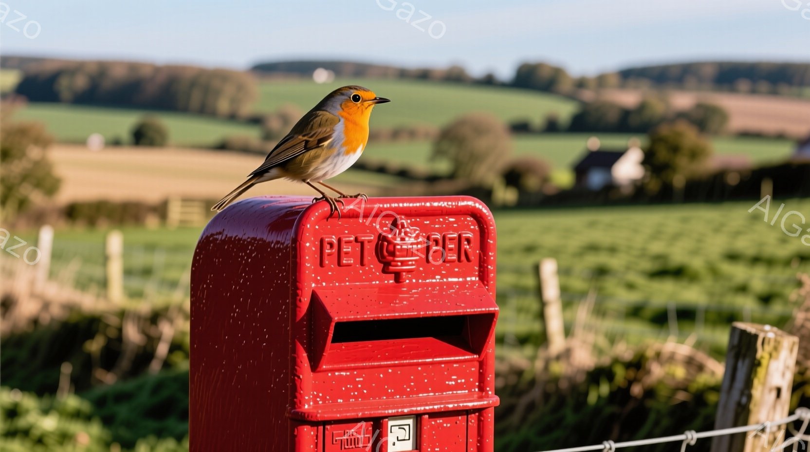 赤い郵便ポストの上に、胸を赤く色付けされた小さな鳥がとまっています。背景には緑豊かな丘陵地帯が広がり、牧歌的な風景が広がっています。穏やかな日差しが差し込み、平和で静かな雰囲気を醸し出しています。
