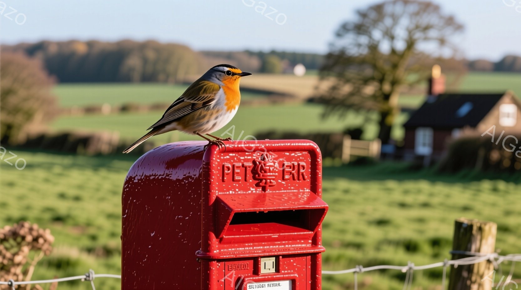 赤色の郵便ポストの上に、胸を赤く色付けされた小さな鳥が止まっています。背景には緑の牧草地が広がり、遠くには木々と建物が見え、穏やかな冬の日の暖かな光が差し込んでいます。全体的に、自然と人工物が調和した、平和で牧歌的な雰囲気が漂っています。