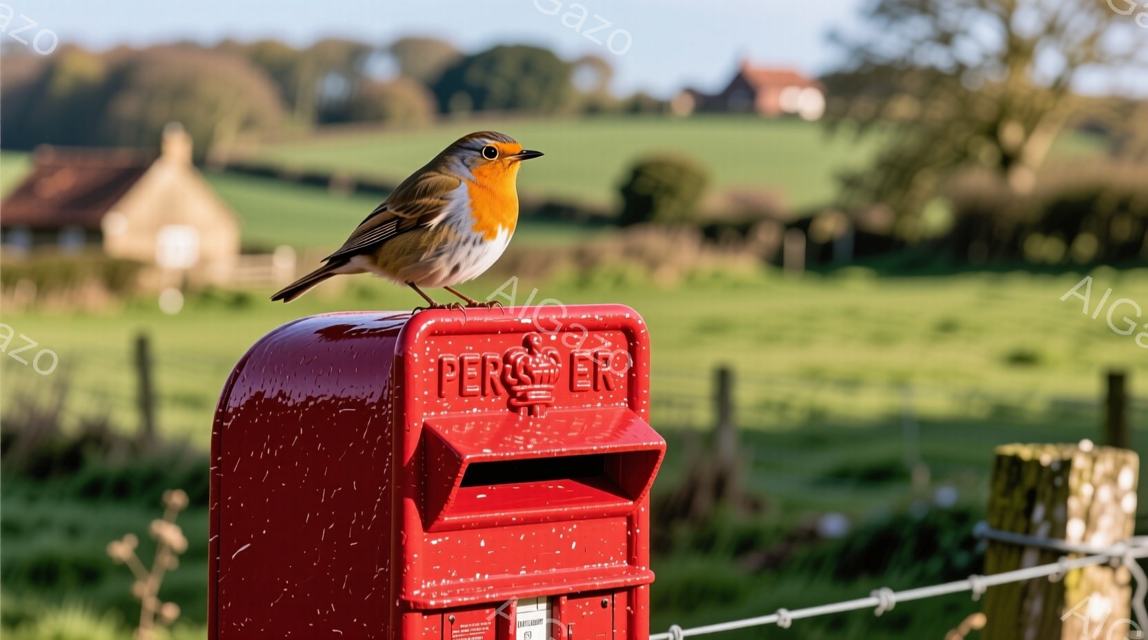 赤い郵便ポストの上に、胸を赤く色付けされたヨーロッパコマドリが止まっています。背景には緑豊かな牧草地が広がり、遠くには小さな建物が見え、穏やかな天候が伺えます。全体的に暖かく、平和な田園風景の雰囲気が漂っています。