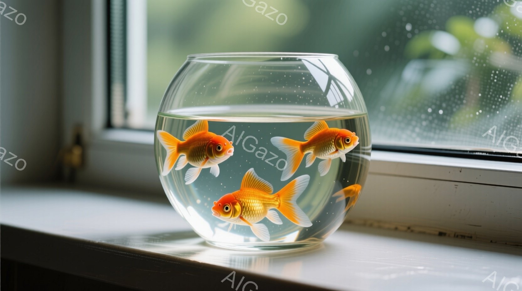 金魚鉢の中には、オレンジ色の金魚が三匹泳いでいる。窓の外はぼやけて緑が見え、雨が窓ガラスを伝っているような様子が伺える。全体的に静かで穏やかな雰囲気が漂っており、金魚の鮮やかな色がアクセントになっている。