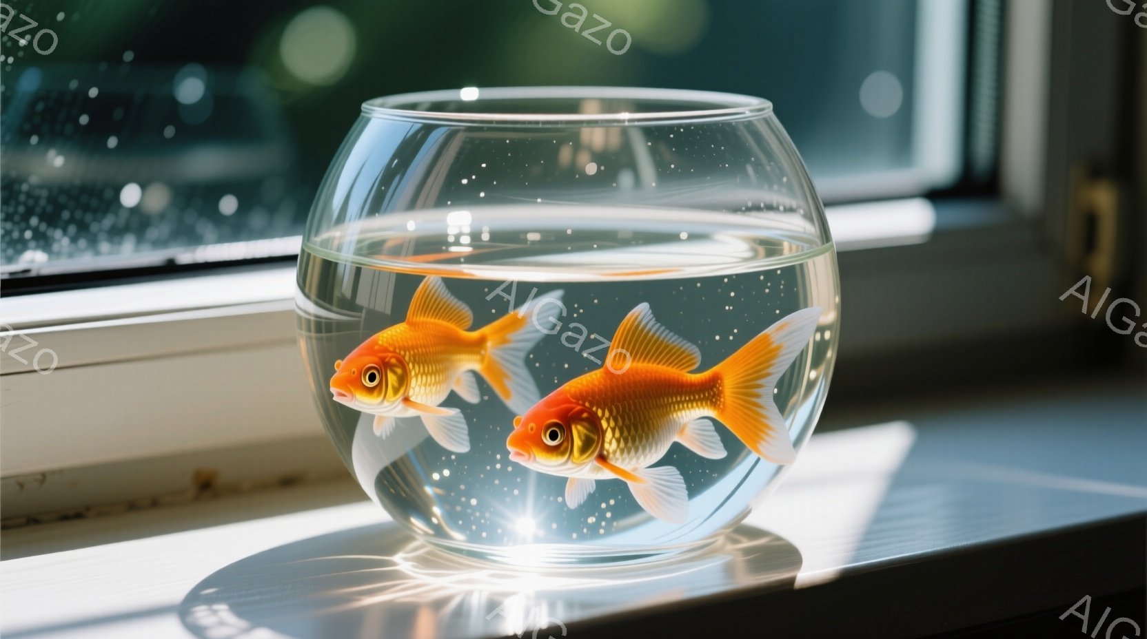 鮮やかなオレンジ色の金魚が二匹、丸いガラスの魚鉢の中で泳いでいる。光が差し込み、水面がきらめき、金魚の鱗も輝いている。背景にはぼやけた窓枠が見え、晴れた日の穏やかな雰囲気が感じられる。