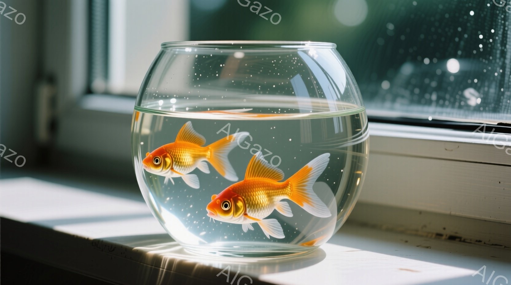 金魚鉢の中には、二匹の金魚が優雅に泳いでいる。金魚は鮮やかなオレンジ色で、光を反射して輝いている。背景はぼやけており、窓枠と白い台が見え、穏やかで静かな雰囲気を醸し出している。