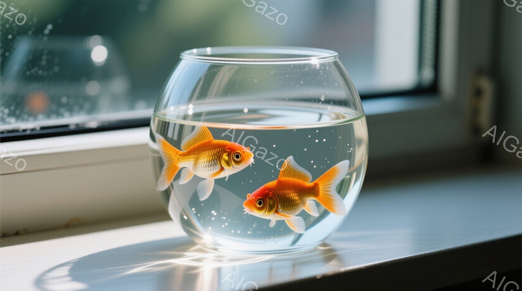 金魚二匹が丸いガラスの水槽の中で泳いでいる。水槽は白い窓枠の近くの白い台の上に置かれており、背景にはぼやけた緑が見える。光が差し込み、水中に小さな泡が漂い、穏やかで静かな雰囲気を醸し出している。