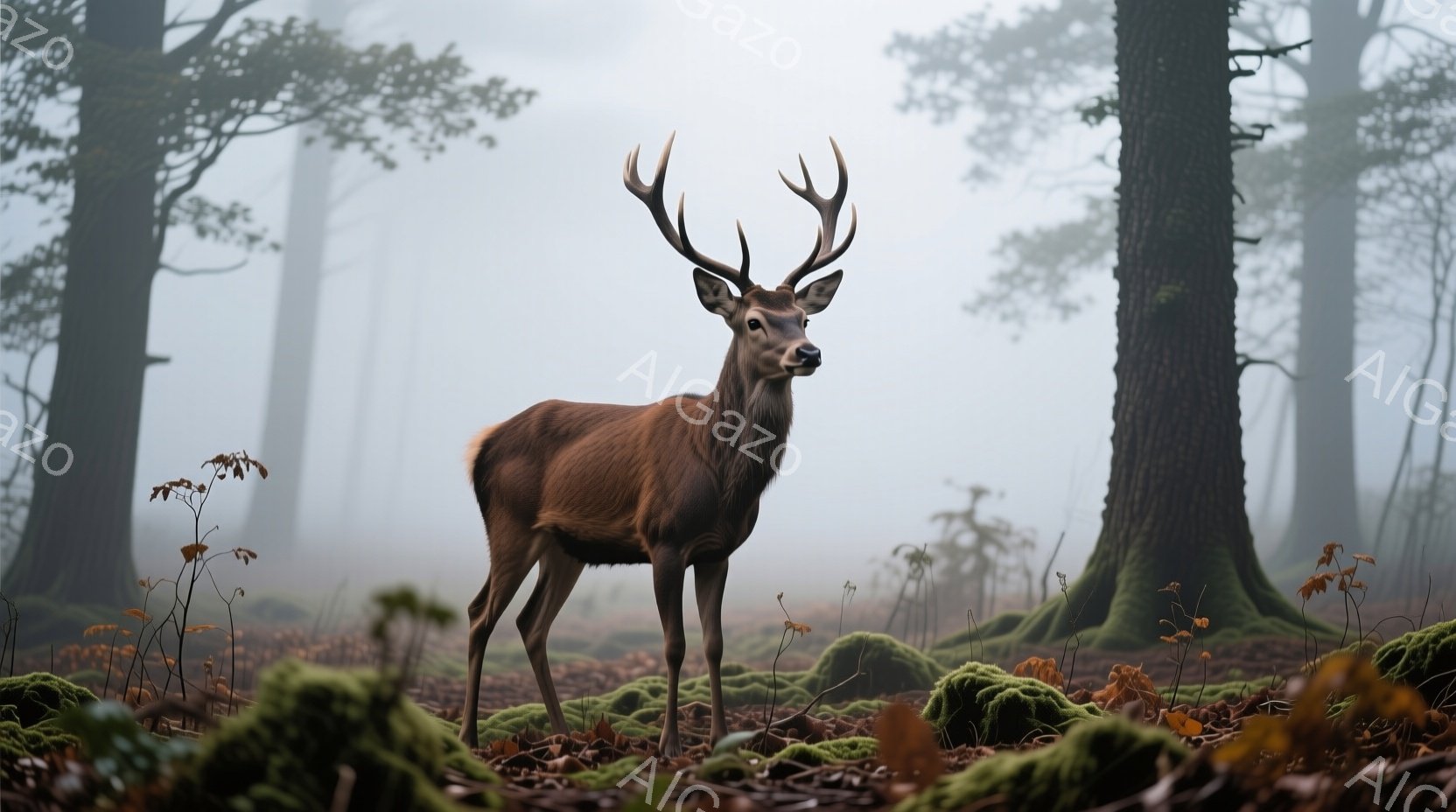 霧深い森の中に、堂々とした角を持つ雄鹿が立っている。鹿は落ち着いた表情で正面を見つめ、力強い四肢でしっかりと地面に立っている。背景には薄暗い木々と緑色の苔が広がり、静寂で神秘的な雰囲気を醸し出している。