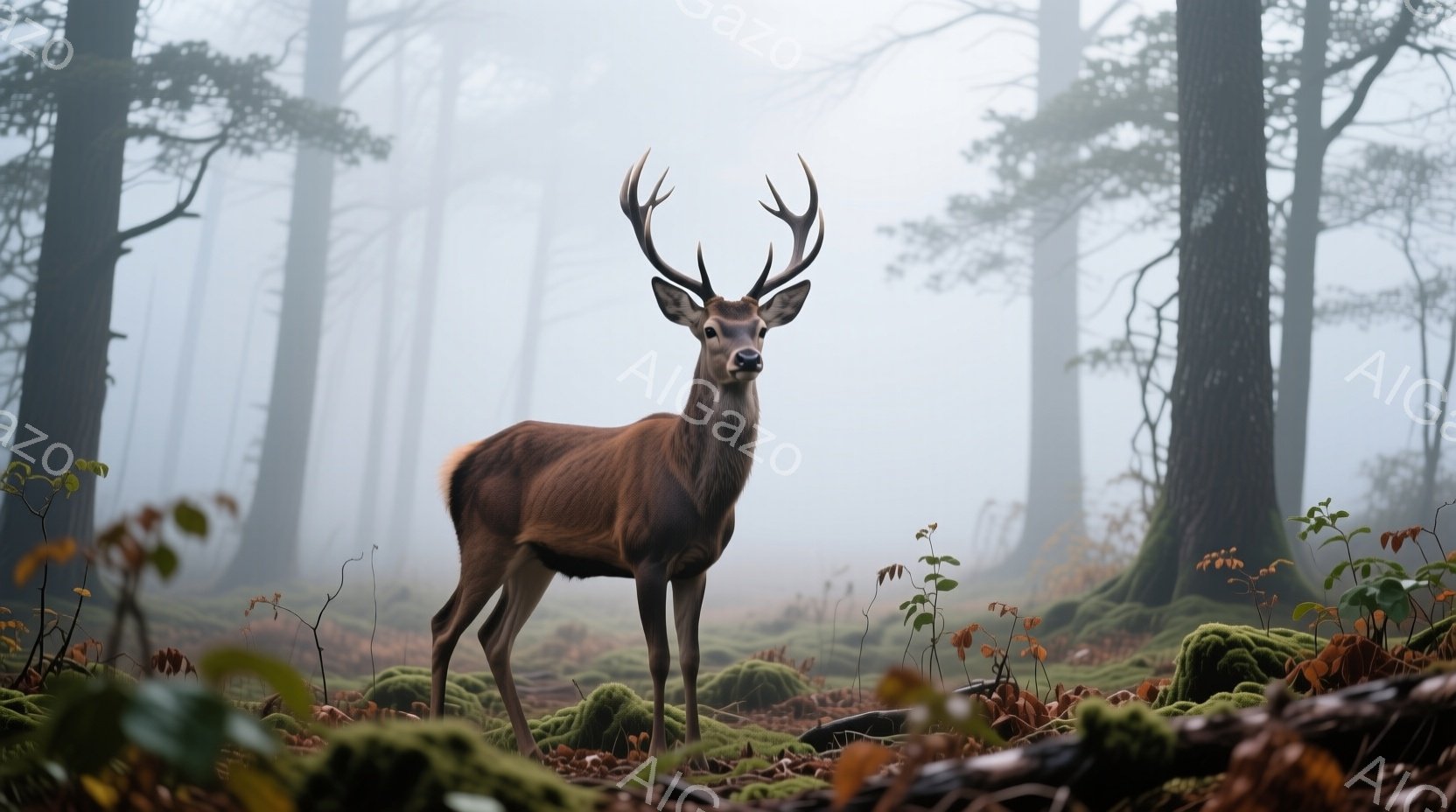 霧深い森の中で、雄大な角を持つ雄鹿が正面を向いている。その毛並みは赤茶色で、湿った苔むした地面の上に堂々と立っており、周囲の木々を背景に神秘的な雰囲気を醸し出している。薄暗い光と霧が立ち込めることで、静寂で幻想的な情景が表現されている。