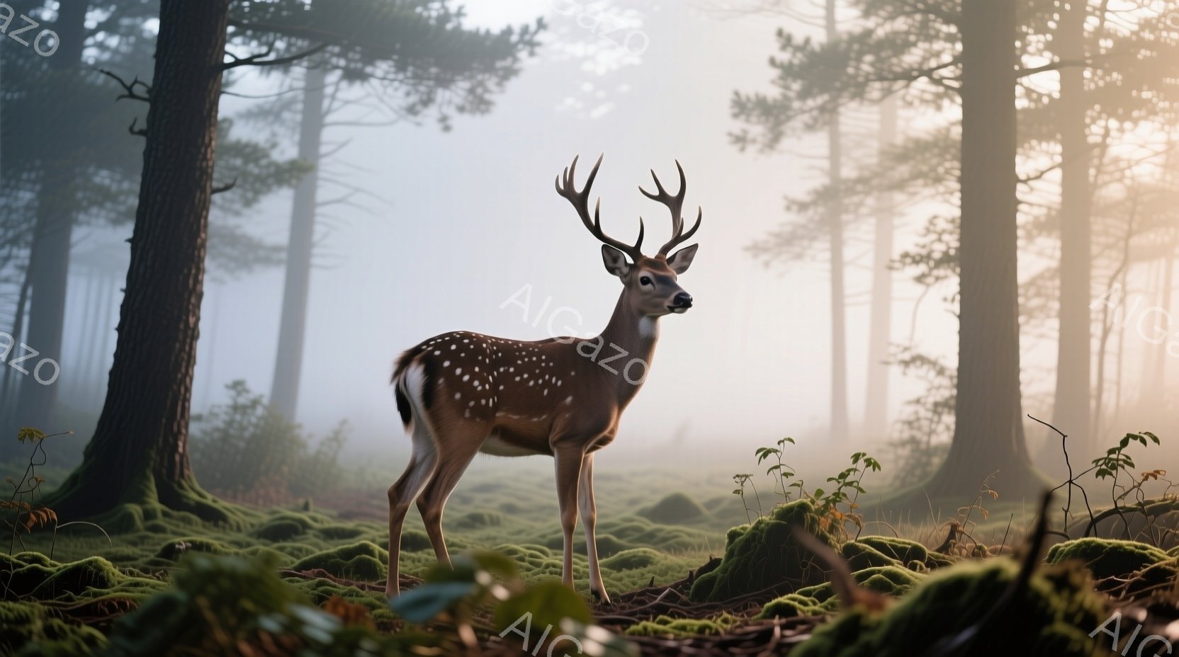 緑豊かな森林の中に、斑点模様の美しいシカが立っている。シカは自信に満ちた表情でまっすぐ前を見据え、堂々とした姿勢を保っている。背景は霧に包まれ、木々の間から差し込む光が幻想的な雰囲気を醸し出している。