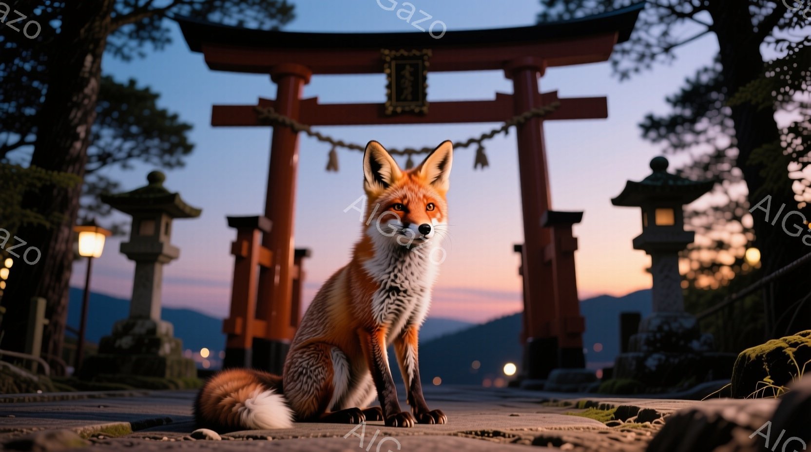 鮮やかな赤色の狐が、石畳の道に座ってこちらを見つめている。背景には、夕焼けに照らされた鳥居と、灯りが点された石灯籠が並び、神聖な雰囲気を醸し出している。空はオレンジと紫の色合いで、穏やかで幻想的な情景 - AI生成フリー素材