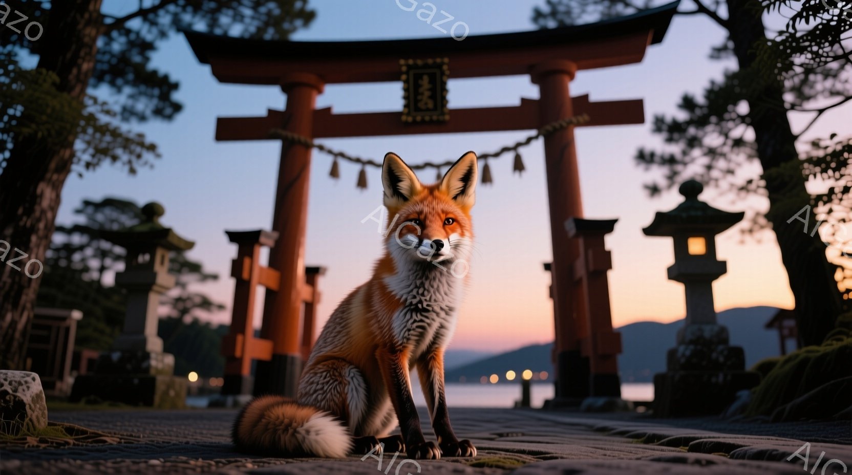 オレンジ色の毛並みの狐が、石畳の道に座って正面を見つめている。背景には朱色の鳥居と湖が広がり、薄明かりの中に鳥居の灯りが灯っている。穏やかで神秘的な雰囲気が漂う、夕暮れ時の風景である。 - AI生成フリー素材