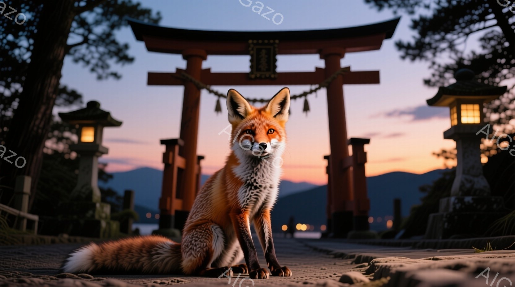 朱色の鳥居が夕焼け空を背景にそびえ立ち、その手前に毛並みの美しい狐が座っている。狐はまっすぐ前を見据え、凛とした表情で周囲を警戒しているようだ。背景には緑豊かな山々が広がり、石畳の道と鳥居の灯りが幻想 - AI生成フリー素材