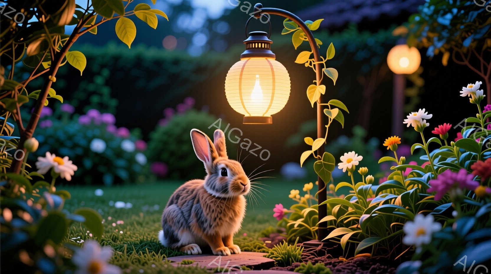 庭の緑豊かな花壇に、可愛らしい茶色のウサギが座っています。ウサギは前足を揃えて座り、まっすぐカメラを見ており、穏やかで好奇心に満ちた表情をしています。背景にはレンガの小道があり、周囲は色とりどりの花と草で満たされ、点灯した提灯が幻想的な雰囲気を醸し出しています。