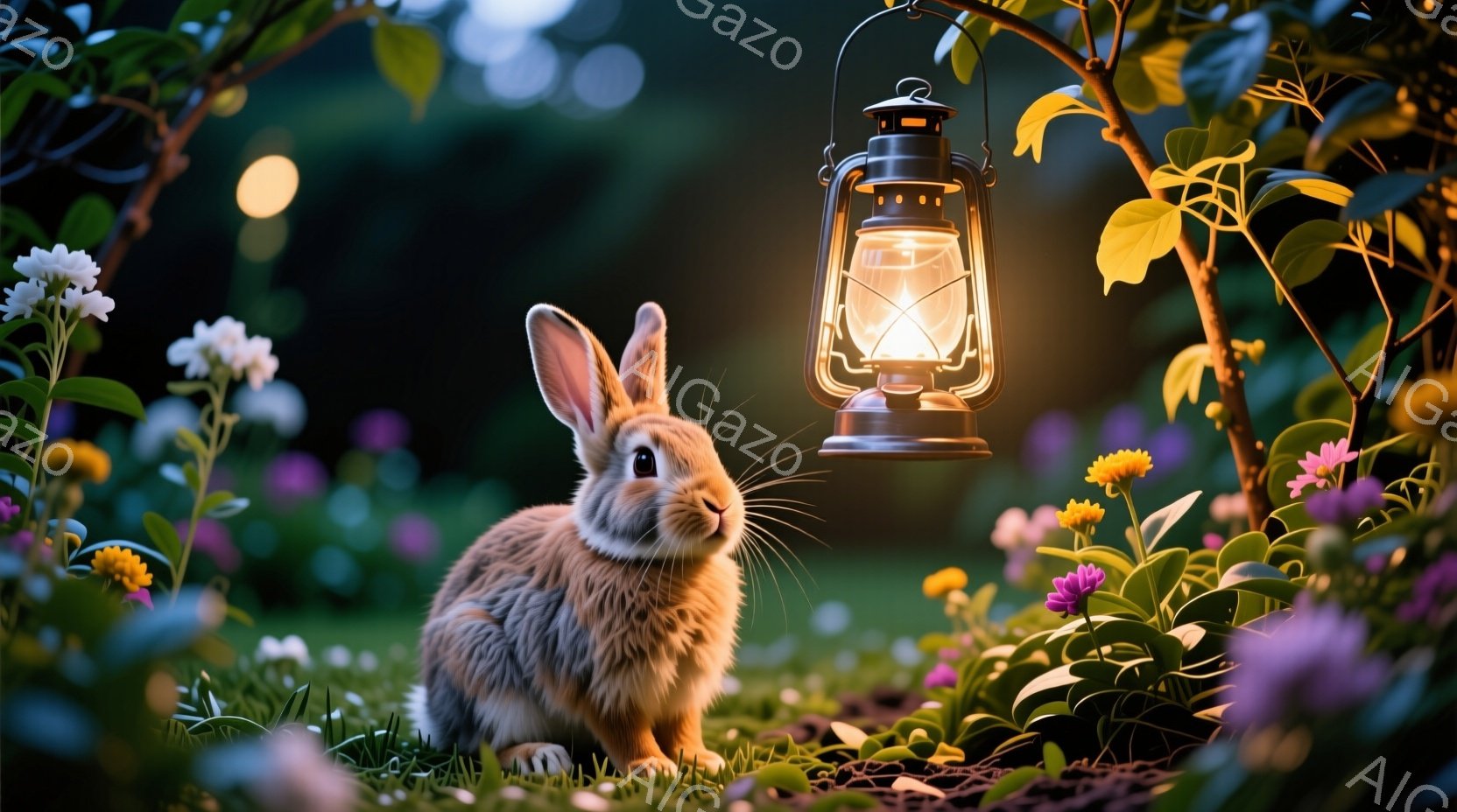 茂った草花の中に、毛並みの美しい茶色のウサギが座っています。ウサギは正面を見ており、穏やかで好奇心旺盛な表情をしています。背景には、かすかに光るランタンが吊り下げられ、幻想的な雰囲気を醸し出しています - AI生成フリー素材