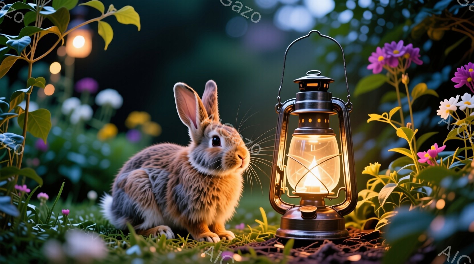 柔らかい毛並みの茶色のウサギが、緑豊かな草むらに座って正面を見ています。ウサギの周りには、ピンクや白の可愛らしい花々が咲き乱れ、背後にはぼんやりとした光のぼんやりとした光が灯っています。全体的に、暖かく幻想的な雰囲気が漂い、穏やかな夜の自然を感じさせます。