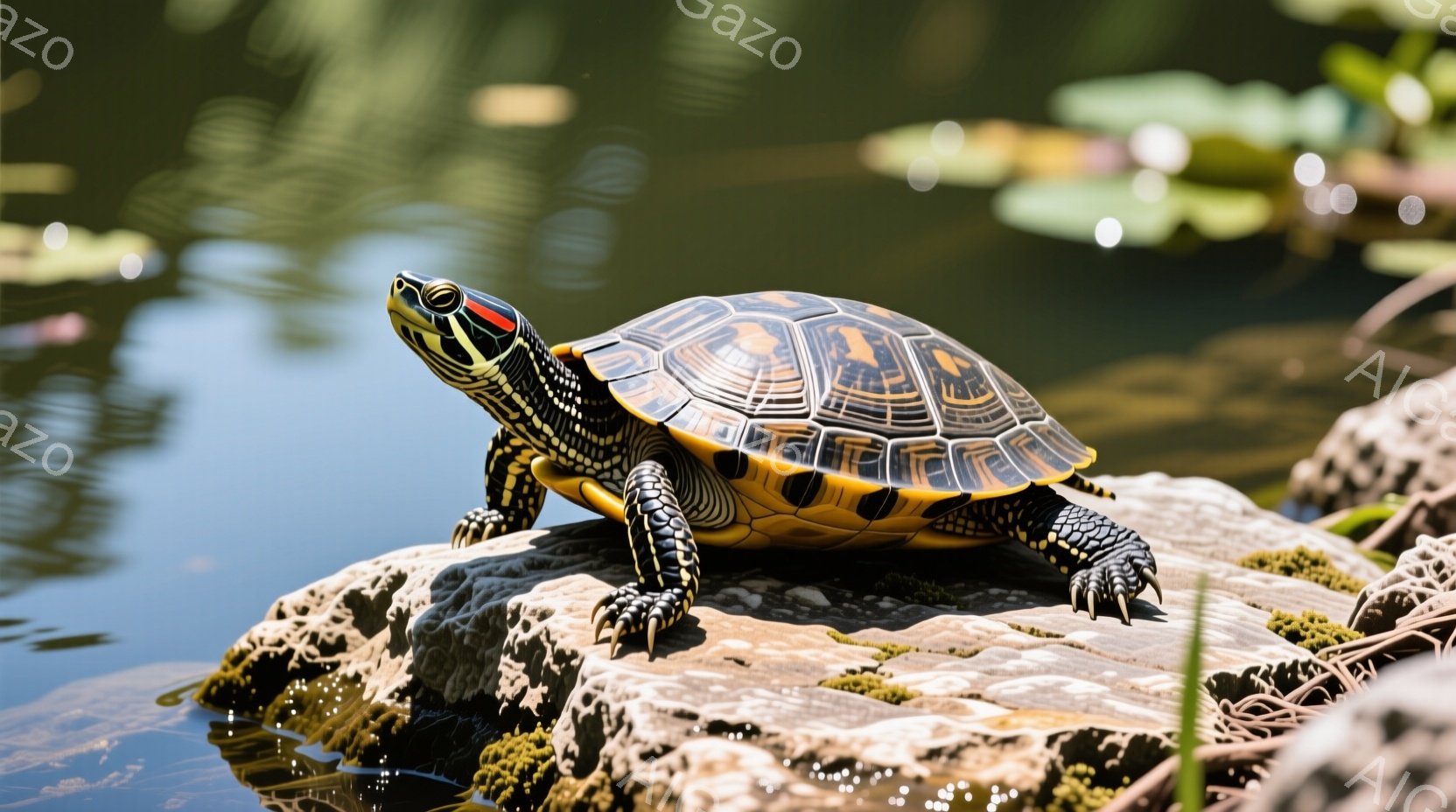日当たりの良い岩の上に、甲羅が美しいカメが佇んでいます。その甲羅は、黄色と黒の模様が特徴的で、緑色の点々とした模様がアクセントになっています。背景には水面が広がり、水生植物が点在しており、穏やかで平和な雰囲気が漂っています。