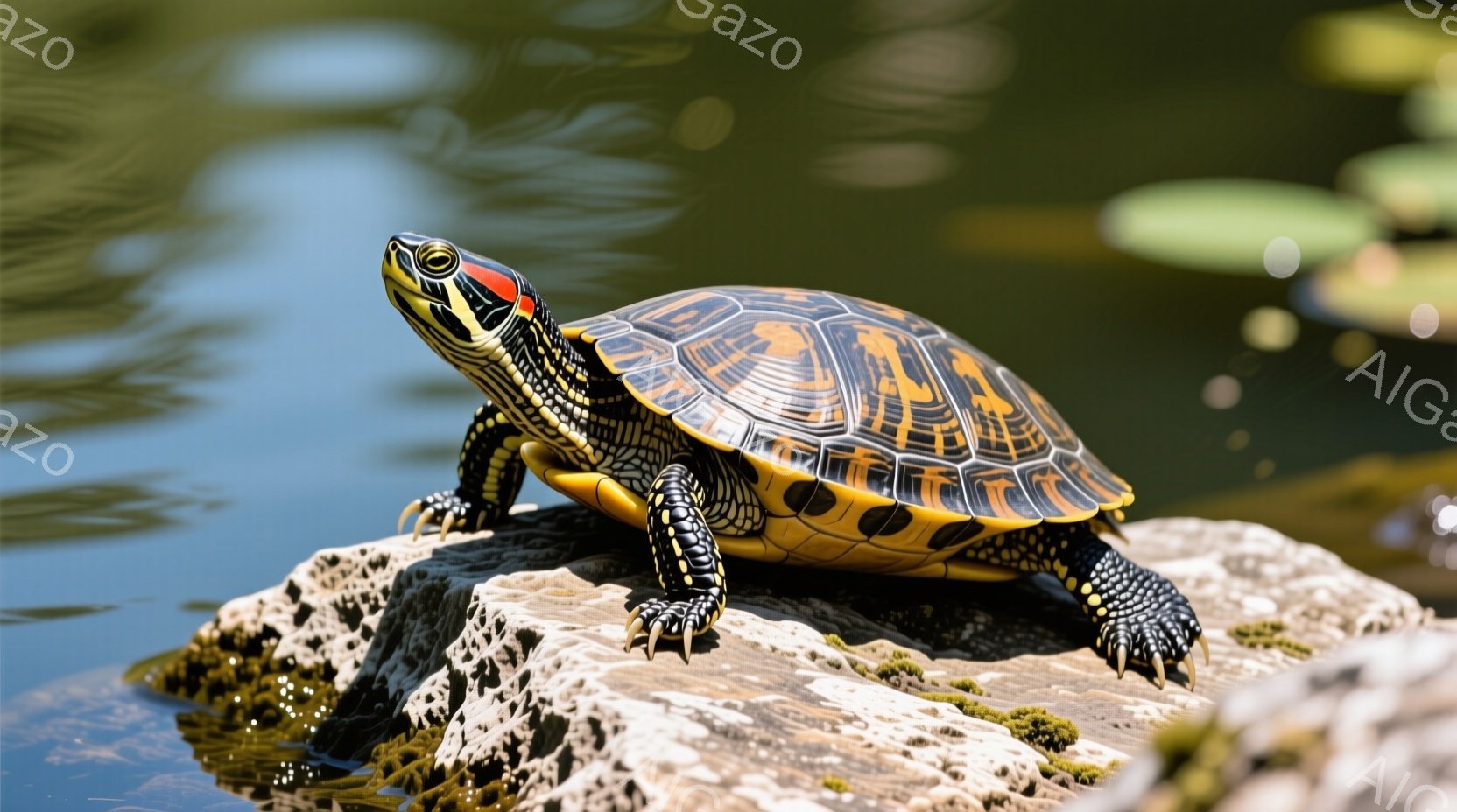 明るい日差しの下、甲羅が美しい特定種類のカメが岩の上に佇んでいます。鮮やかな黄色と黒の模様が特徴的で、表情は穏やかです。背景には水面が広がり、穏やかな自然の雰囲気が漂っています。
