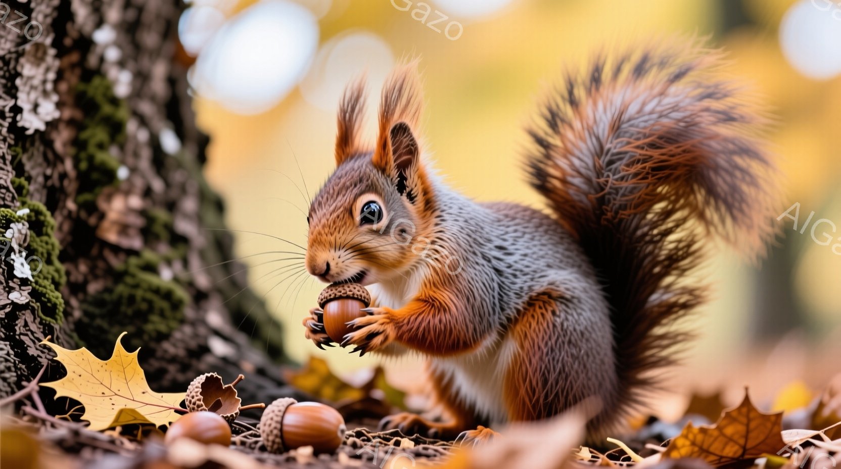 赤褐色の毛並みが美しいリスが、前足でドングリを握りしめています。背景には、落ち葉と苔むした木の幹があり、秋の暖かい日差しが降り注いでいます。全体的に、可愛らしく、穏やかな雰囲気の自然写真です。 - AI生成フリー素材
