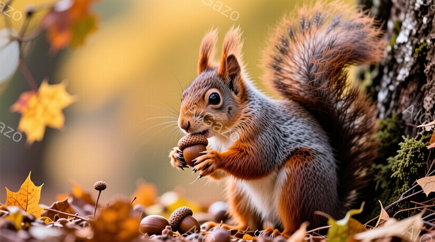 赤褐色のリスが、前足でドングリを抱え、何かを考えるような真剣な表情をしています。背景には落ち葉と苔むした木があり、秋の暖かい日差しが降り注いでいます。全体的に温かく、自然な雰囲気で、リスの可愛らしさが引き立てられています。