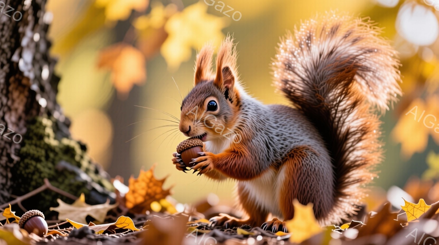 赤褐色のリスが、口にくわえたドングリを抱えながら、こちらを見ています。背景には、落ち葉が敷き詰められた地面と、ぼやけた木々が見え、秋の暖かく穏やかな雰囲気が漂っています。リスの毛並みはふさふさとしており、表情は好奇心旺盛で、可愛らしい姿が印象的です。