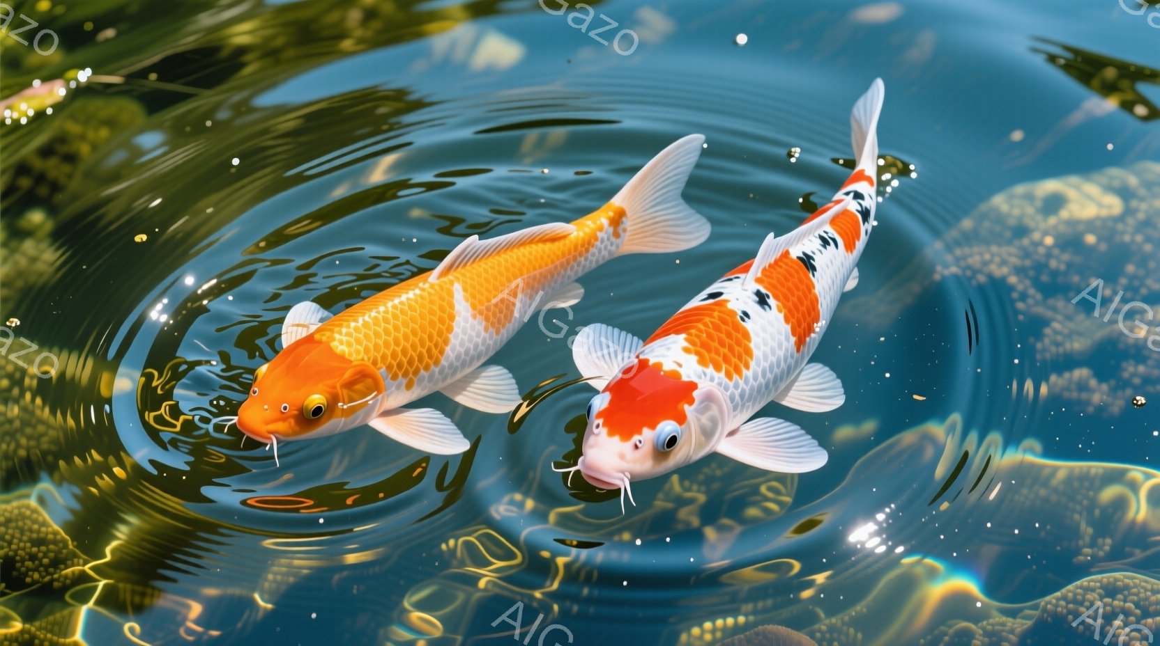鮮やかなオレンジと白の模様を持つ二匹の鯉が、水面近くで静かに泳いでいる。水面には光が反射し、波紋が広がっており、背景にはぼんやりとした水中の植物が見える。全体的に穏やかで、自然の美しさを感じさせる雰囲気である。
