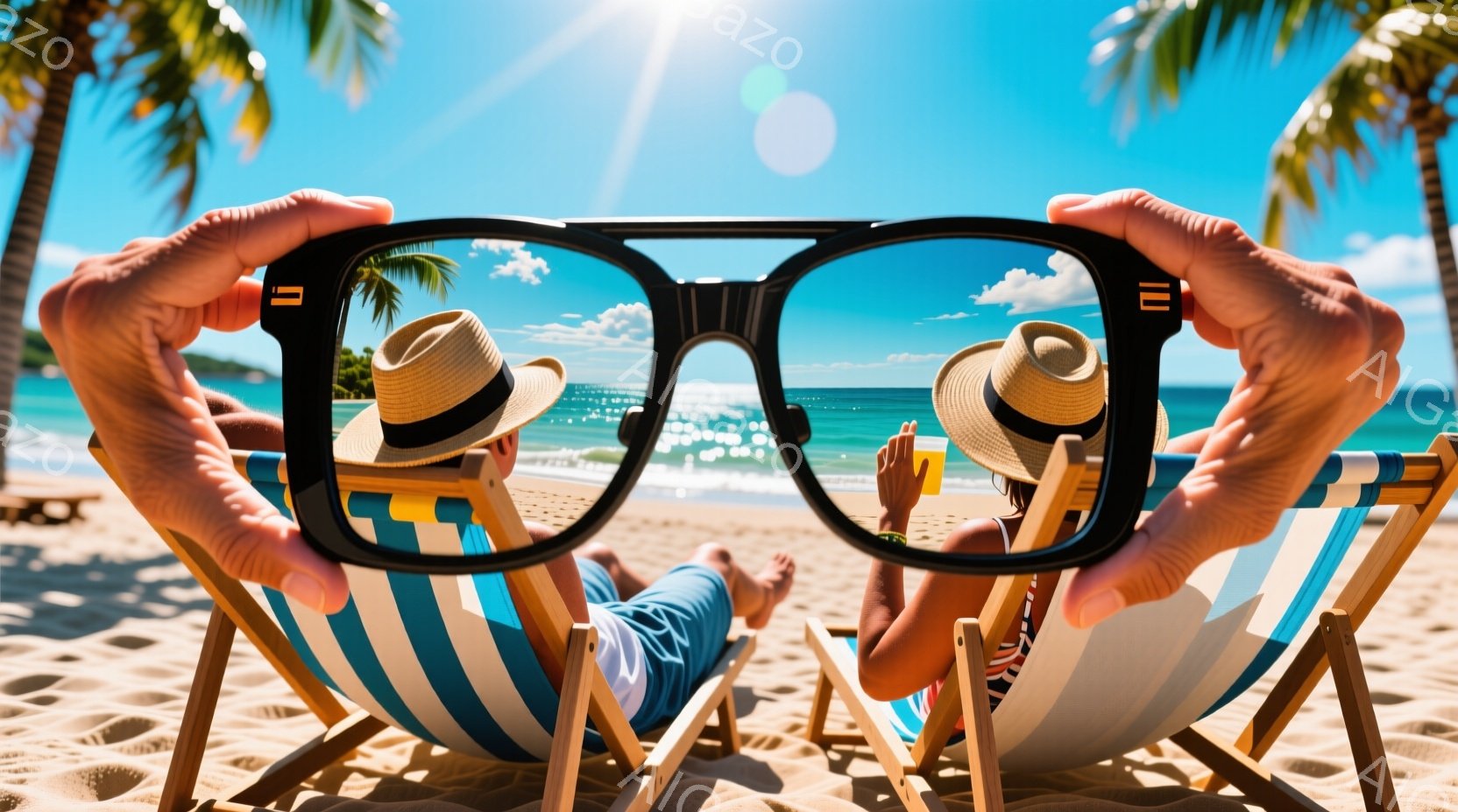 ビーチの風景がサングラスを通して見える構図です。青い空と白い砂浜、ヤシの木が背景に広がり、リラックスした雰囲気を醸し出しています。二人の人物がビーチチェアに寝そべり、麦わら帽子をかぶって日光浴を楽しん - AI生成フリー素材