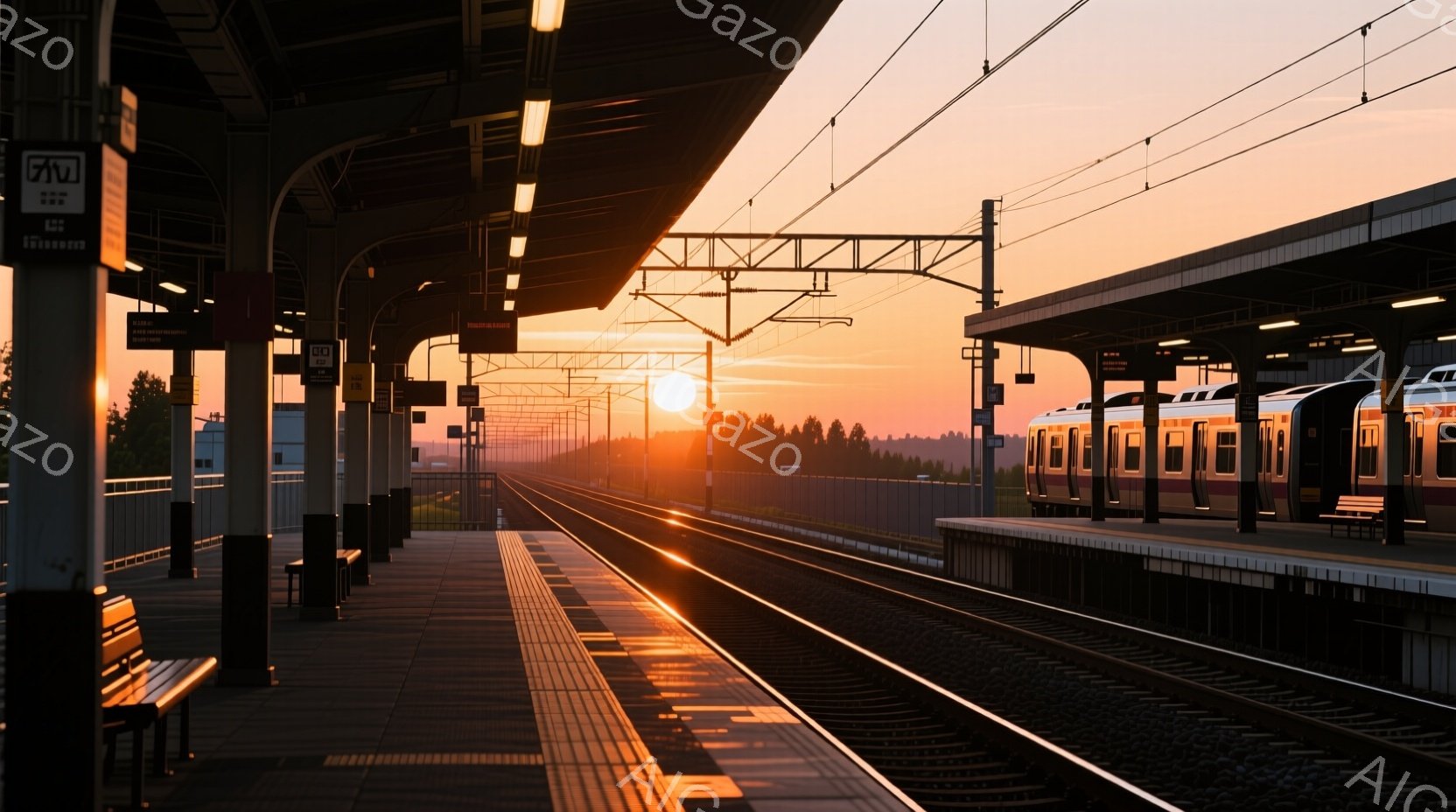 駅のホームが夕焼けに照らされ、鉄道の線路が遠く水平線まで続いている様子が描かれている。夕焼け空はオレンジ色と赤色のグラデーションで、穏やかで静かな雰囲気を醸し出している。ホームには誰もいないが、線路の - AI生成フリー素材