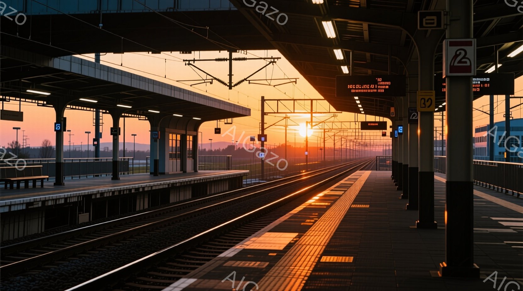 夕焼けの空の下にある鉄道のプラットフォームを描いています。プラットフォームは空っぽで、線路が遠くまで伸びており、空には雲ひとつなく、オレンジと赤のグラデーションが広がっています。遠くには建物と緑豊かな - AI生成フリー素材