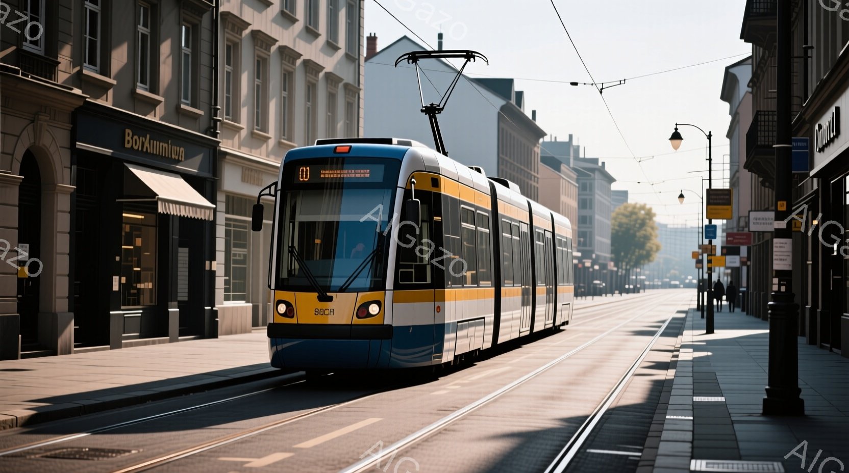 青い線路を走る黄色と青色のトラムが、石畳の道路を背景に描かれています。建物はレンガ造りで、窓からは光が差し込み、秋の穏やかな日差しが感じられます。路上には数少ない歩行者がおり、静かで落ち着いた雰囲気です。