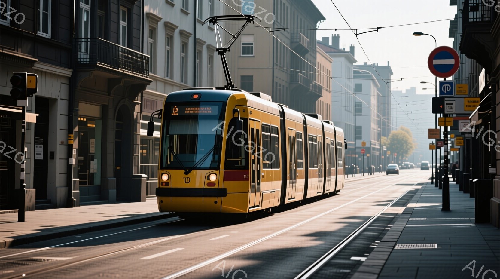 黄色い路面電車が、石畳の道路をまっすぐ進んでいます。背景には、歴史的な建物が立ち並び、朝の光が柔らかく差し込んでいます。全体的に静かで落ち着いた雰囲気で、ヨーロッパの街並みを思わせます。