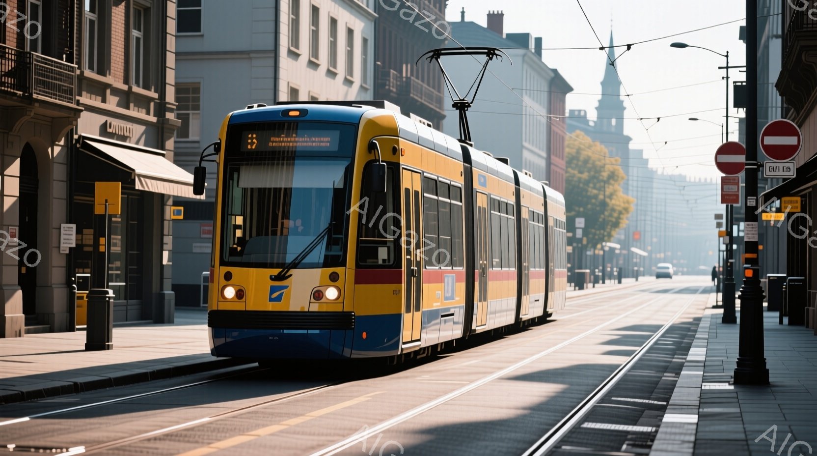 黄色と紺色の路面電車が石畳の道路を進行している。背景にはレンガ造りの建物が並び、わずかに霧がかかった晴れた日の様子が伺える。全体的に落ち着いた雰囲気で、静かな街並みが印象的だ。