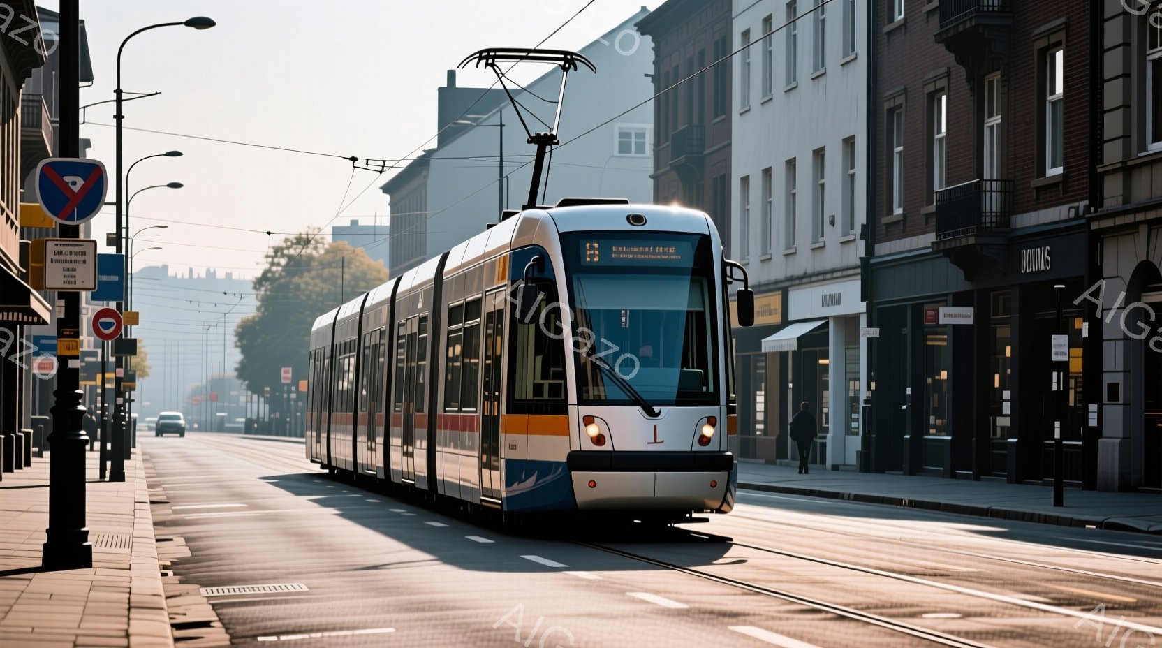 白と青を基調とした近代的な路面電車が、石畳の道路を進行している。建物の壁はレンガ造りで、太陽の光が当たり、暖かく穏やかな雰囲気を醸し出している。歩道には街灯や標識が立ち並び、遠くには人影が見えるものの、全体的に静かで落ち着いた印象を与える。