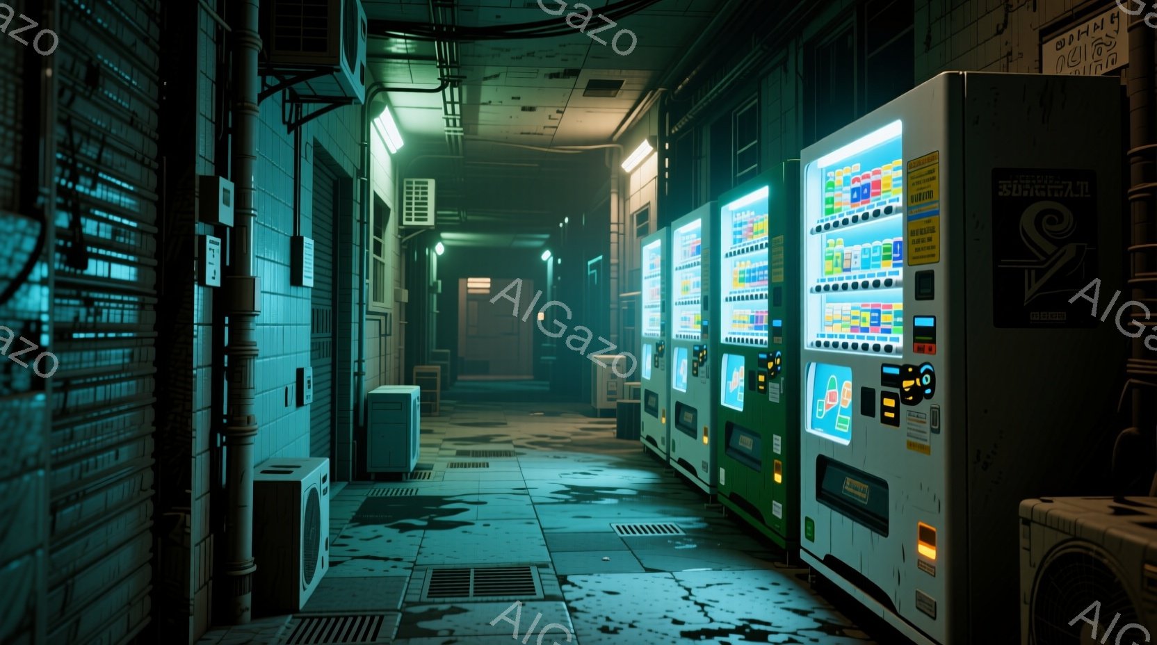 薄暗い路地裏には、複数の自動販売機が整然と並んでいる。コンクリートの壁は汚れ、剥がれ落ちたペンキが時間の経過を示している。全体的に、湿気を含んだ夜の寂しげな雰囲気が漂っている。